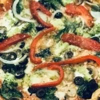 Veggie Pizza · Mozzarella cheese, tomato sauce, spinach, broccoli, olives, mushroom, peppers
