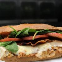 Hot Chipotle Chicken Sandwich · Chipotle chicken breast, pepper-jack cheese, smoked bacon, baby spinach, hot cherry peppers,...