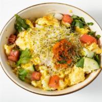 Vegetarian Scrambowl · Scrambled eggs with arugula, honey butternut squash, roasted beets, cherry tomato and fried ...