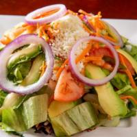 Ensalada De Aguacate · Your choice of protein. Mixed lettuce, tomatoes, onions, fresh avocado, and cheese. Mixed wi...