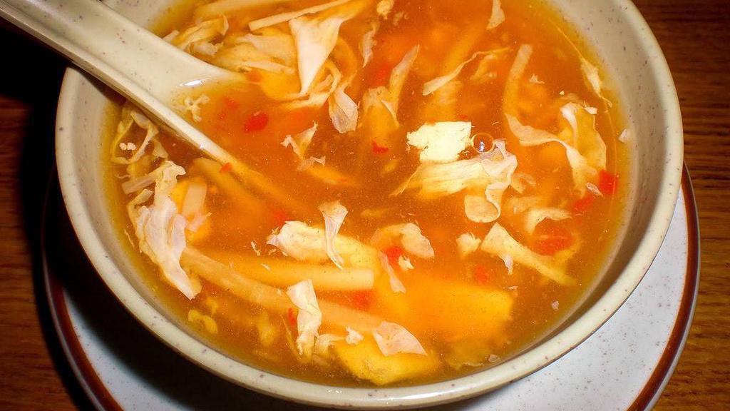 Hot & Sour Soup · Mushroom, tofu, and chicken. Spicy.
