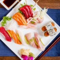Sushi & Sashimi Combo · 10 pieces sashimi, 5 pieces sushi, and spicy tuna roll. Served with miso soup or salad.