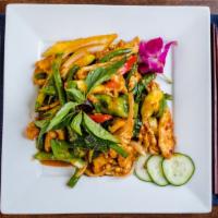 Thai Basil · Fresh zucchini, sweet pepper, onion, string bean with basil leaves, and chili paste. With so...