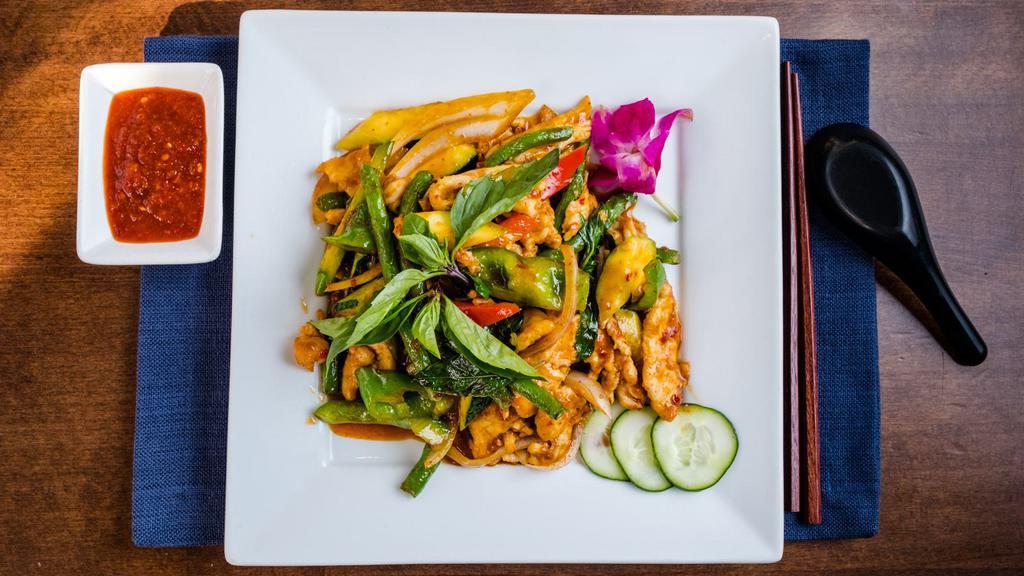 Thai Basil · Fresh zucchini, sweet pepper, onion, string bean with basil leaves, and chili paste. With soup or green salad and choice of white rice, brown rice, or hibachi rice. Spicy.