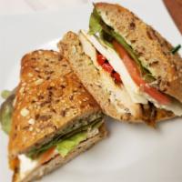 Marinated Grilled Chicken With Fresh Mozzarella, Roasted Red Peppers And A Pesto Aioli · Marinated Grilled Chicken with Fresh Mozzarella, Roasted Red Peppers, Lettuce and Tomato top...