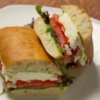 Fresh Marinated Mozzarella With Tomato, Roasted Red Peppers And A Fresh Basil Aioli · 