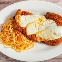 Chicken Parmigiana With Linguine · Made or covered with parmesan cheese