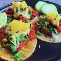 Taco Bites · 3 small corn tortillas stuffed with cilantro, onions, your choice of meat/ vegetable & your ...