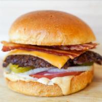 Bacon Smash Cheeseburger  · Juicy, grilled beef burger smashed to perfection with American cheese, smoked bacon, fresh s...