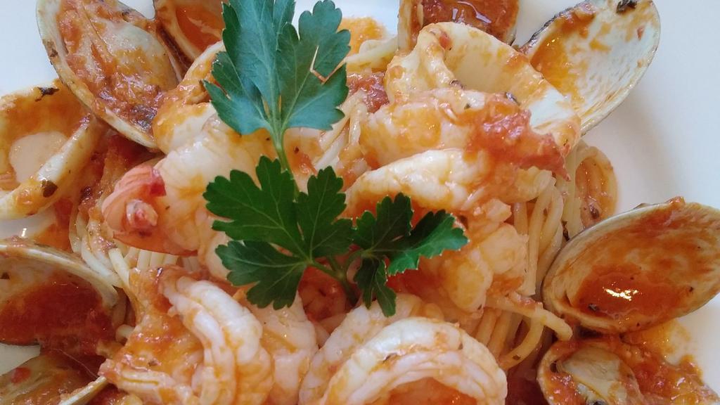 Seafood Stew · Pasta with Calamari, shrimp, baby clams prepared in mild spicy red sauce.