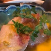 Hamachi Crudo · kalamansi, trout roe, nashi pear