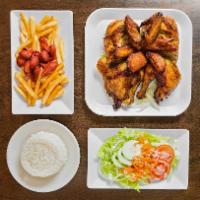 Combo 1 · Whole chicken with salad, salchipapas, white rice or fried rice, sweet plantain or green pla...
