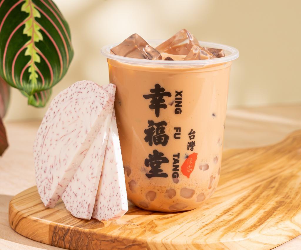 Taro Boba Milk Tea · taro, handmade taro boba, black tea, milk