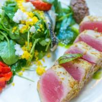 Niçoise Salad · Seared Tuna, Shaved Egg, Kalamata Olive, haricot Verts, Potato, Watercress, Anchovy