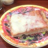 Sicilian Slice · Thick Square Deep Pan Pizza Slice With Homemade Pizza Sauce And Mozzarella.