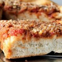 Grandpa Slice · Thick Square Deep Pan Pizza Slice With Homemade Marinara Sauce and Topped With Sliced Red On...