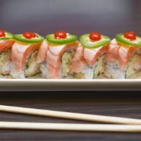 S*X On The Beach Roll · Spicy. Shrimp tempura and cucumber topped with seared salmon and jalapeño.
