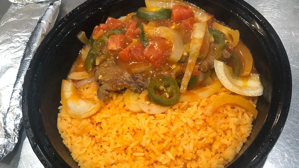Bistec A La Mexicana · Steak sauteed with onions, jalapenos and tomatoes. Comes with your choice of rice, beans, tortilla, and your choice of salsa on the side. No substitutions or adjustments, all items are as is.