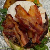 Black Angus Burger With Burrata · burrata, applewood bacon, avocado, apple mustard, and roasted potatoes on the side.