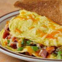 Western Omelette · Served with three eggs. Choice of buttered bagel or toast.