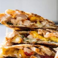 Chicken Quesadilla · Grilled chicken, bell peppers, onions, Cheddar, and Pepper Jack. Includes sour cream, guacam...