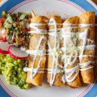 Flautas · Three bite size flautas filled with choice of meat. Topped with sour cream, parmesan cheese....