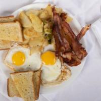 #1. Bacon, 2 Eggs, Home Fries & Toast · 