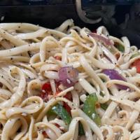 Sesame Linguini Salad · With Red & Green Peppers, red onions, infused oil with pepper flake.
