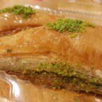 Kadayif · Shredded dough baked in syrup with pistachio filling. Classic baklavas by the pound.