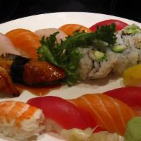 Sushi Deluxe · Ten nigiri and California roll.