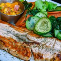 Grilled Salmon Dinner · 10 oz. fresh Norwegian salmon, grilled to perfection served with steamed vegetables. Gluten ...