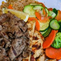 Chicken And Steak Combo Dinner · Any 2 sides: steamed vegetables, brown rice, potato, black beans or quinoa.