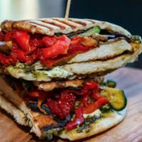 Chicken Lover Panini · Grilled chicken breast, sweet bell peppers, sun-dried tomatoes, eggplant, zucchini, pesto vi...