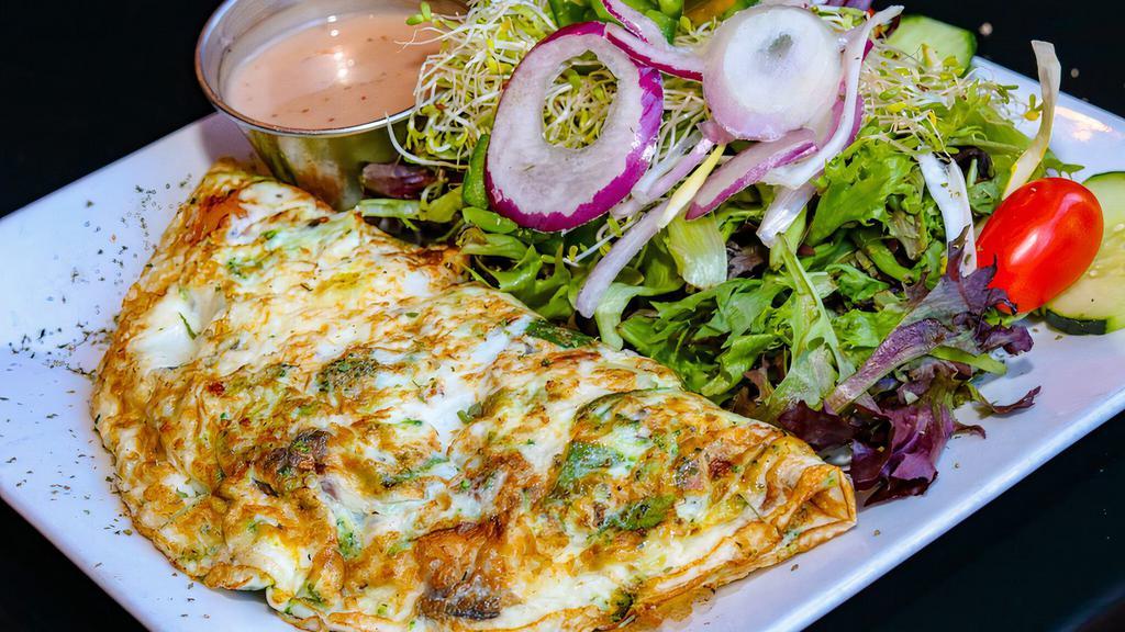 The Nature Omelet · 5 egg whites and any combination of your choice of following: spinach, onions, tomatoes, peppers, broccoli or non-food mozzarella, served with baked potato, sweet potato or mixed green salad. Vegetarian. Gluten-free.