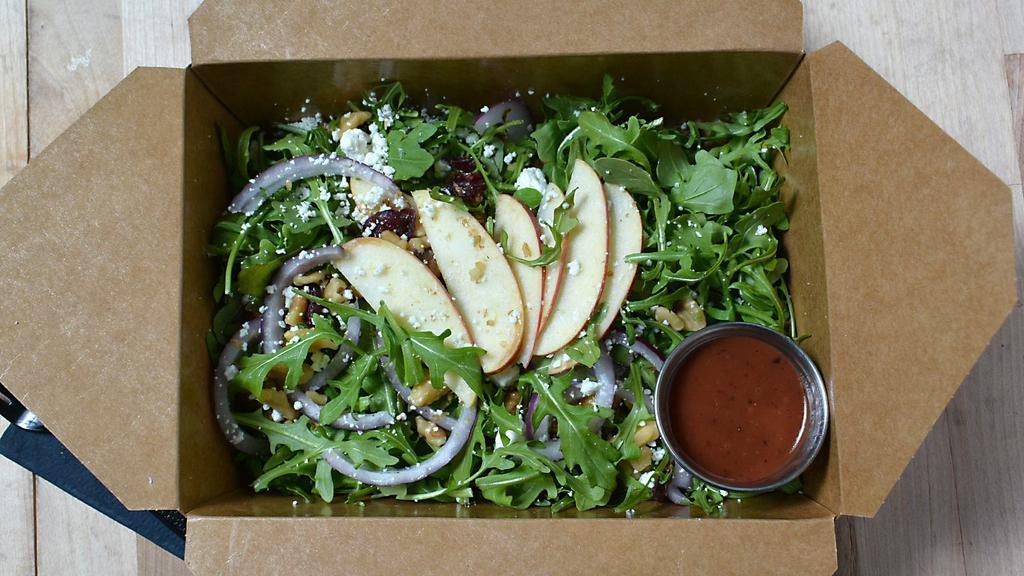 Haus Arugula Salad · Arugula, goat cheese, dried cranberries, walnuts with raspberry balsamic vinaigrette.

Please let us know of any food allergies. Menu items may contain or come into contact with wheat, eggs, peanuts, tree nuts, and milk. For more information, please speak with a manager.