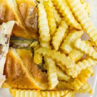 Cuban Sandwich (Large) & French Fries (Large) · Roasted pork with melted swiss cheese and honey ham toss with pickles and garlic spread butt...