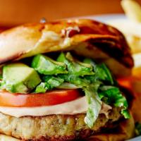 Baja Turkey Burger (Dlx) · Topped with avocado, Swiss cheese & chipotle spicy mayo.