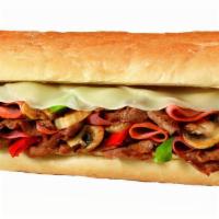 Steak Bomb (1Lb) · Freshly Grilled Sirloin Steak, Grilled Onions, Bell Peppers and Mushrooms, Genoa Salami,  Ca...