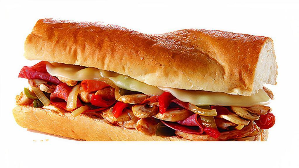 Chicken Bomb (1Lb) · Freshly grilled Chicken Breast, Grilled Onions, Bell Peppers and Mushrooms, Genoa Salami,  Capicola with Provolone Cheese.
