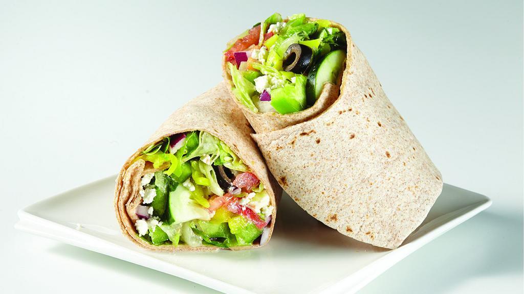 Greek Wrap · Crisp Lettuce, Onions, Tomatoes, Cucumbers, Green Peppers, and Banana Peppers with Feta Cheese and Black Olives. Served with Greek Dressing.