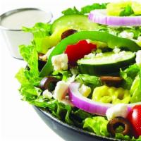 Greek Salad · Crisp Romaine Lettuce, Onions, Tomatoes, Cucumbers, Green Peppers and Banana Peppers topped ...