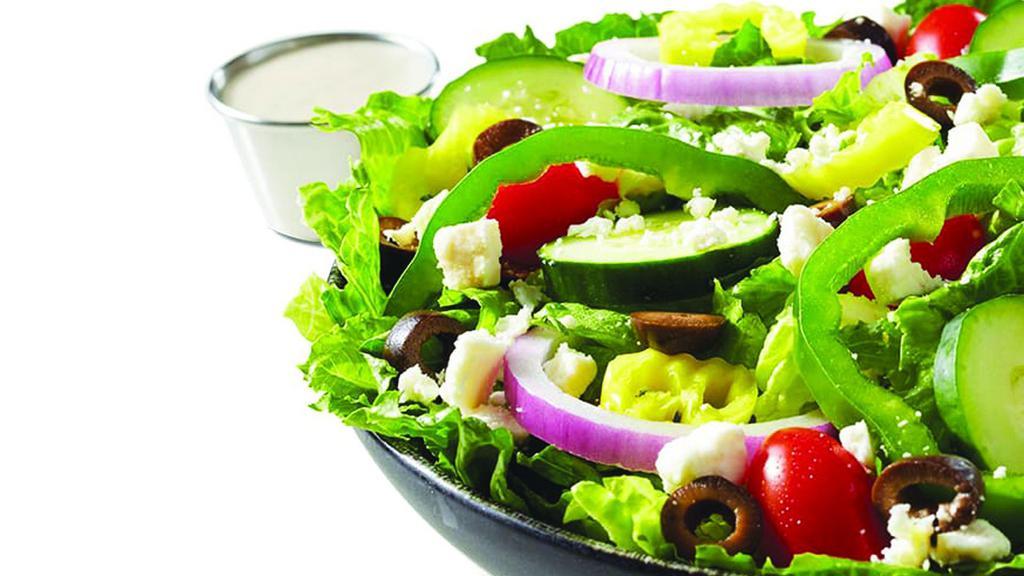 Greek Salad · Crisp Romaine Lettuce, Onions, Tomatoes, Cucumbers, Green Peppers and Banana Peppers topped with Feta Cheese and Olives. Served with Greek Dressing.