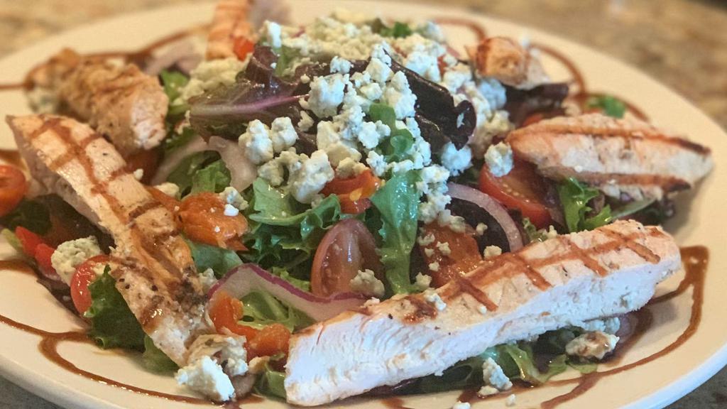 Gorgonzola Salad · Baby greens, fire roasted red peppers, red onions, grape tomatoes & crumbled gorgonzola served with balsamic vinaigrette