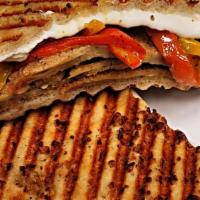 Fried Eggplant Panini · Fried Eggplant with melted Fresh Mozzarella, Roasted Peppers w/ Balsamic & Extra Virgin Oliv...