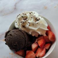 The Kiss Dough · Triple Chocolate Cookie Dough with Fresh Strawberries, Whipped Cream and Chocolate Sprinkles.