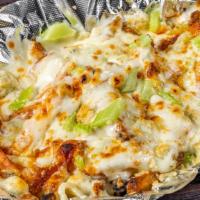 Buffalo Fries · Fries smothered in buffalo sauce, blue cheese, mozzarella cheese & celery.