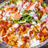 Chicken & Rice Platter · With white sauce and mild red sauce with pita and lettuce, tomato.