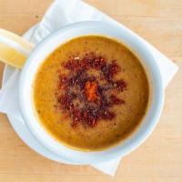 Lentil Soup · A blend of red lentil, turkish seasonings, and fresh herbs.