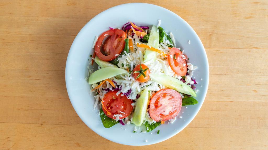 Large Mediterranean Salad · Fresh lettuce, shredded carrots, and red cabbage topped with feta cheese, cucumbers, and tomatoes with olive oil and lemon juice.