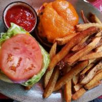 Cheese Burger · American, cheddar, provolone, blue cheese, Served with lettuce, red onions, and french fries.